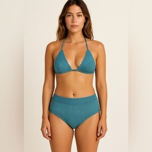 KNITSKIN Teal Knit Bikini Set Crochet Trim Vintage Hong Kong L